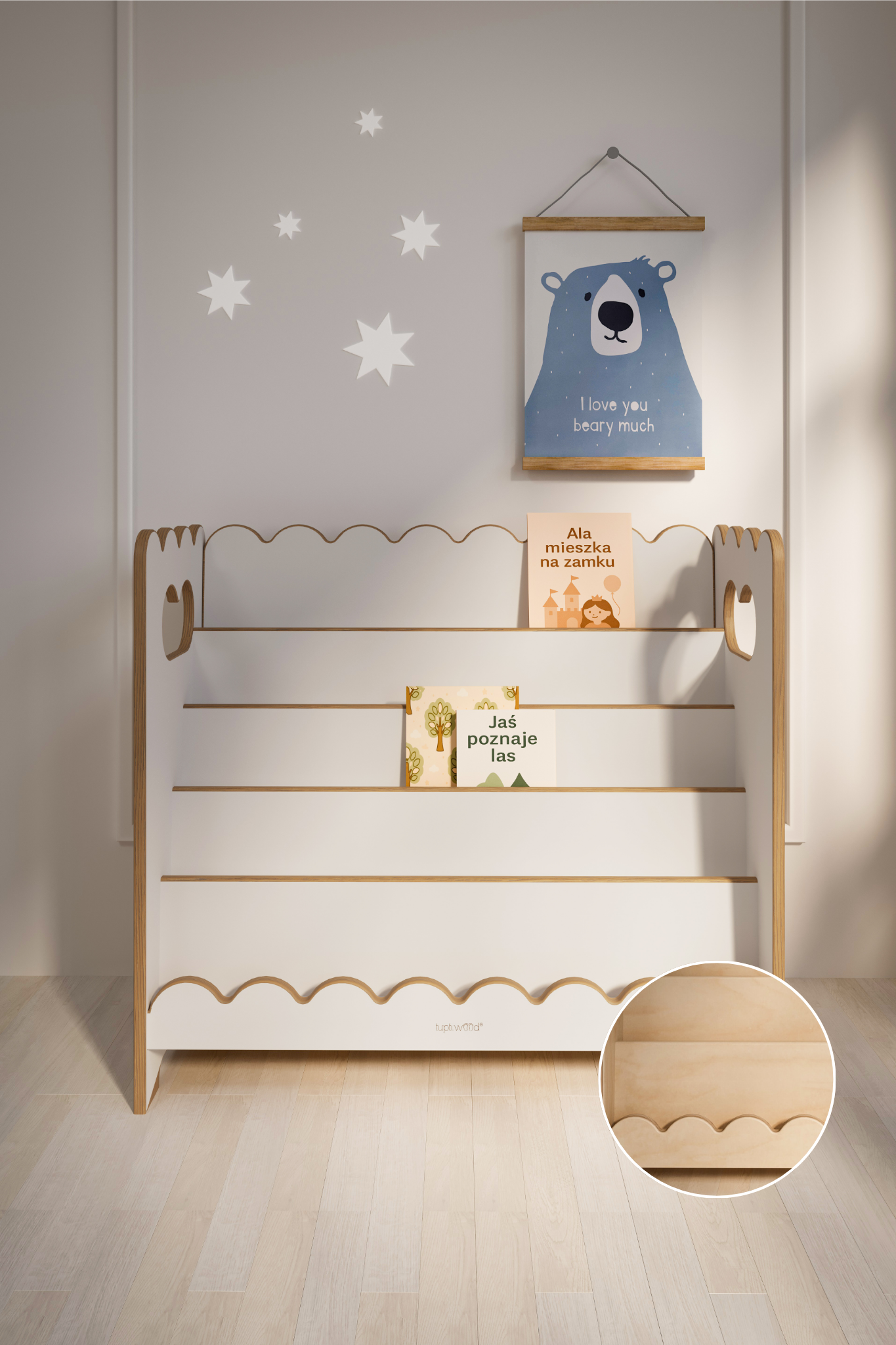 BUBBLE MAXI bibliothèque Montessori avec volant – blanche et naturelle
